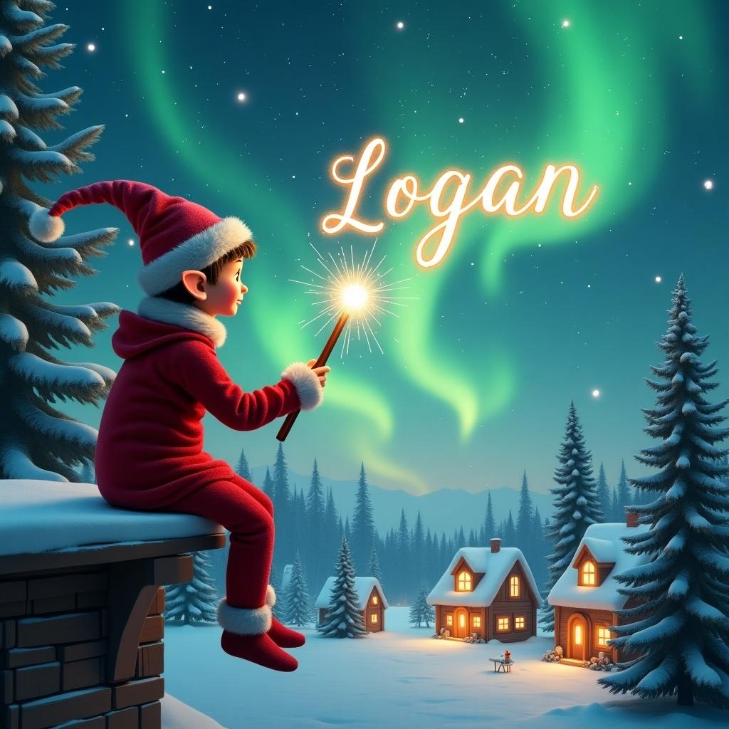 An elf in red outfit sits on a wooden ledge. The elf holds a sparkling wand, writing the name 'Logan' in the air. A snowy landscape and quaint houses are below. Evergreen trees create a fairy-tale feel. The Northern Lights illuminate the scene, evoking magic.