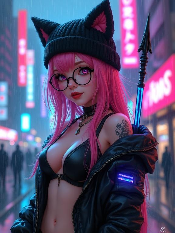Female character with pink hair and black cat ear winter hat. Wearing a leather jacket, bikini mix, and gothic boots. Cityscape with neon signs in the background. Character has red tips in her hair and cybernetic tattoos. She's flirty with her tongue out, looking mature and very realistic. Her glaive has glowing circuits. Show entire body in a rainy setting.