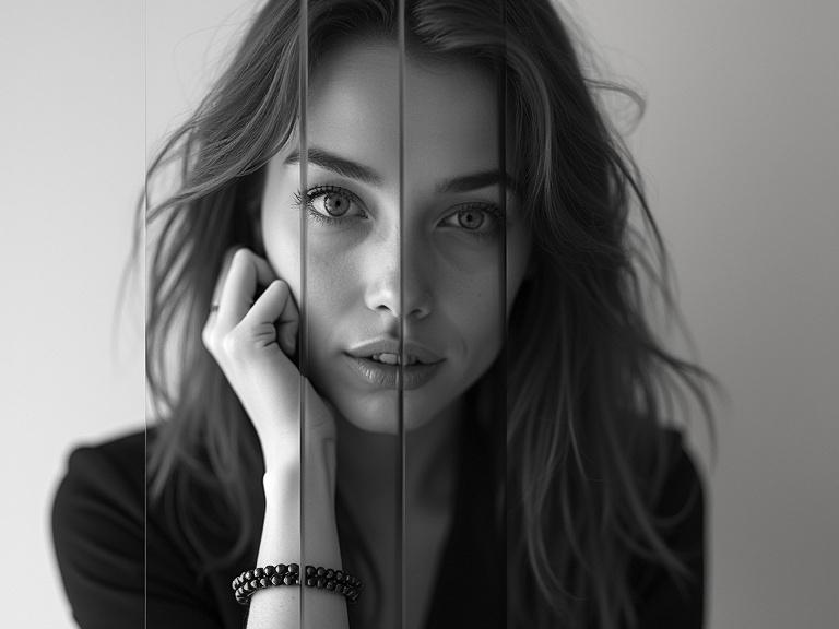 Black and white portrait of a person with long hair in a contemplative pose. Hand near face. Vertical slices create a fragmented effect. Dark outfit and bracelet. Soft neutral background.