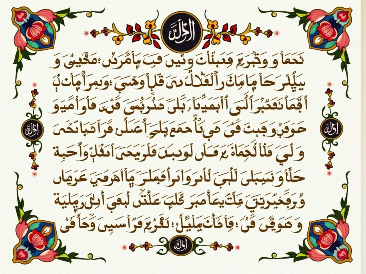 The image features an intricately designed decorative piece containing Arabic calligraphy. The text includes a traditional Islamic prayer or passage, adorned with floral patterns and artistic borders. The background is predominantly white, with floral motifs in vibrant colors framing the text. At both the top and bottom corners, there are circular designs incorporating the word 'Allah' in Arabic script. The overall composition reflects a blend of art and spirituality, highlighting the significance of the written word in Islamic culture.