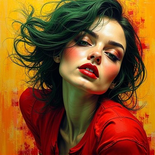 An abstract expressionist painting depicting a coquettish woman. Layers of red and green paint create a glass-like effect. Thick paint builds depth and texture with aggressive brushwork. Impasto technique shows raised ridges and valleys. Bold brushstrokes in the painting. Background features yellow ocher and burnt sienna.