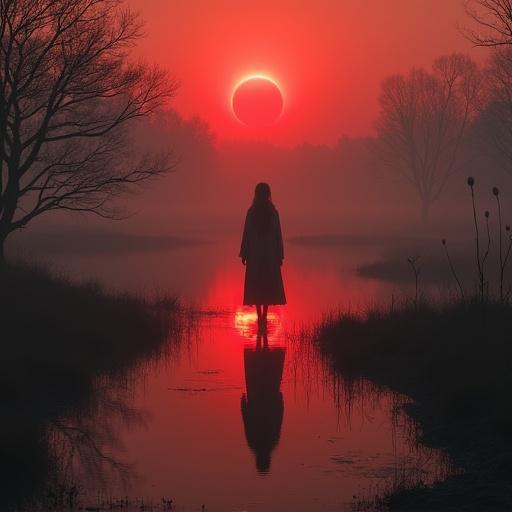 Scene shows a blood-red solar eclipse. Woman with Slavic features stands near misty lake. Calm expression yet intense gaze. Dressed in ancient Slavic clothing. Water reflects crimson sky. Atmosphere is eerie and solemn. Dark trees in the background with shadowy forest. Dramatic lighting enhances mood.
