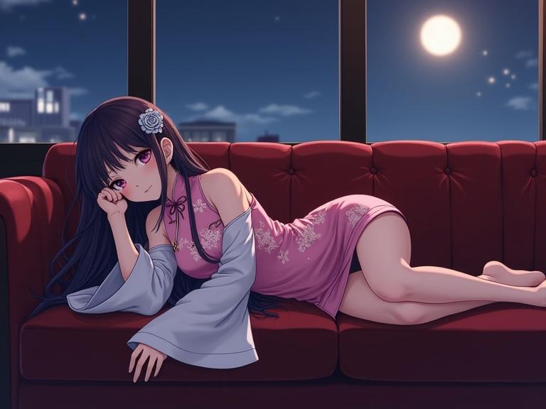 Anime woman lying on a plush red sofa in a retro coffee shop. Long dark purple hair elegantly flows. She wears a stunning pink cheongsam dress with floral patterns and sheer sleeves. Soft, warm moonlight shines through the window. Image captures a soft dramatism with cinematic lighting.