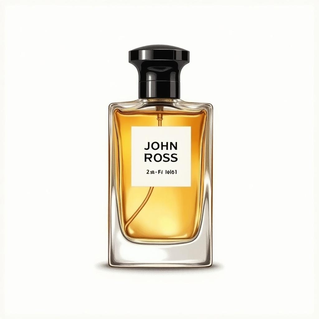 Design of a perfume bottle label named John Ross. The bottle is 5 cm tall and 7 cm wide, containing 50ml of liquid.