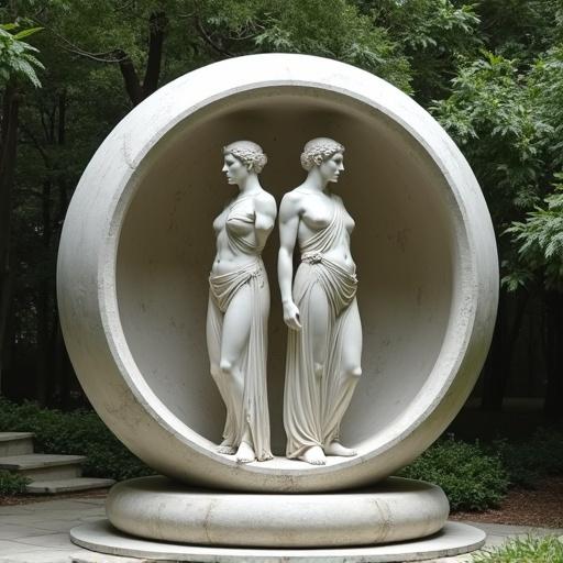 Marble sculpture depicting Plato's spherical humans. A woman and a man stand back to back within a circular base. The setting is a lush, mythical garden.