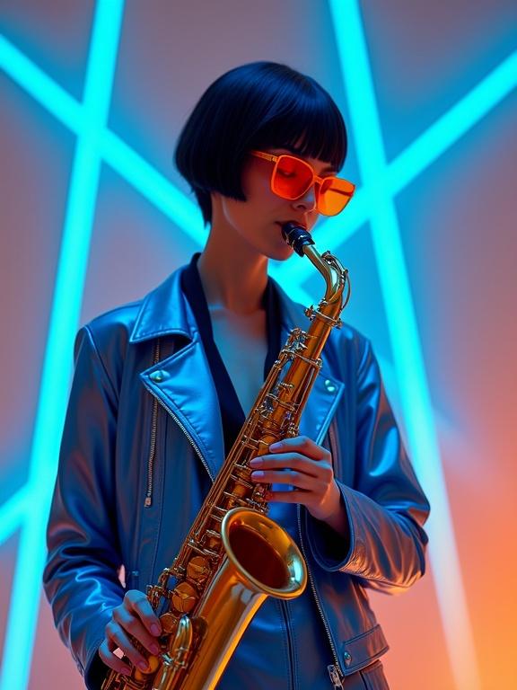 Woman plays golden saxophone. Short black hair. Wearing angular orange sunglasses. Metallic blue jacket and pants. Background with neon blue and orange light beams. Inspired by futuristic design and cyberpunk themes.