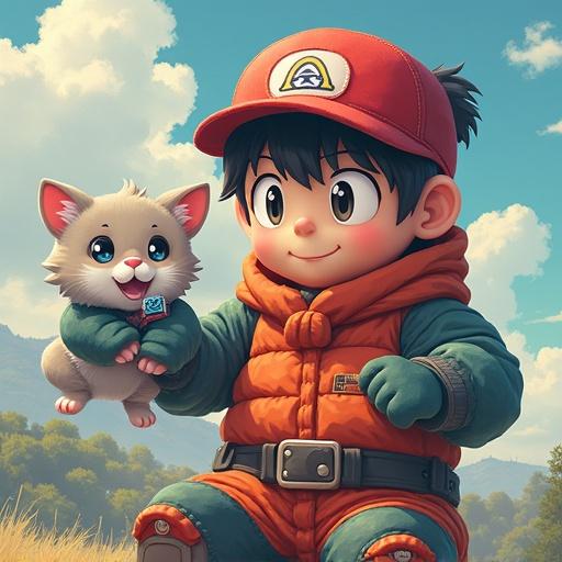 A young boy with a red cap and orange vest smiles while holding a cute, fluffy animal. The background features rolling hills and a blue sky, creating a cheerful atmosphere.