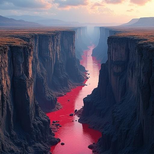 Watercolor painting of a massive rocky coastal landscape with a colossal canyon. The outer cliffs are made of weathered stone. The inner canyon walls are smooth black obsidian glass. A deep unnatural crimson river flows below, shimmering with an eerie glow. High contrast exists between matte rock and glossy obsidian, creating a surreal atmosphere with cinematic lighting and dramatic shadows.