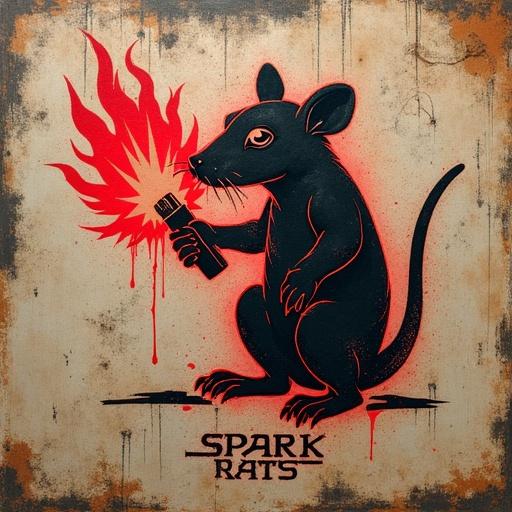 Tattoo design featuring Spark Rats. Gritty industrial style. A rat holding a welding torch symbolizes scavenging. Three slashed circuits represent job tally. Burned steel texture suggests hasty application. Color scheme includes dull red and primer gray, with optional UV paint for territory marking. Text options include 'SPARK RAT' or 'IRON LITTER' in stencil font beneath.