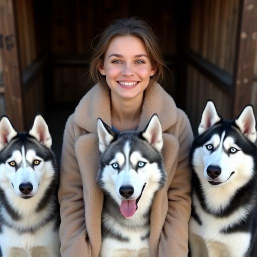A woman in a beige faux fur coat is smiling. She has light brown hair and is with several Siberian Huskies. The dogs are gray and white. They are in a rustic wooden structure outdoors. The lighting is soft and natural. The atmosphere is friendly and casual.