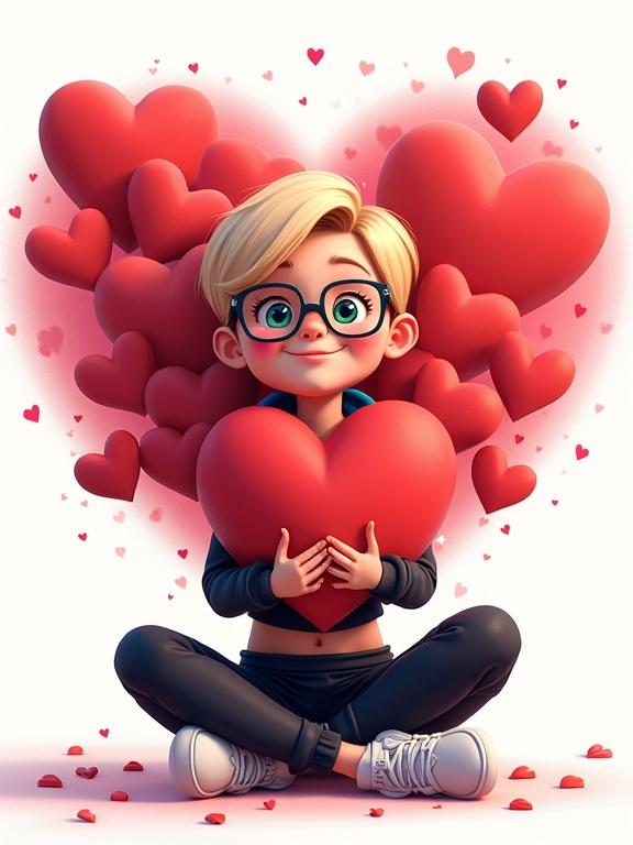 Stylized digital illustration of a confident joyful cartoon girl sitting cross-legged. Girl has small rectangle glasses, blonde pixie cut, light green eyes. She wears black track pants, black crop top with blue accents, white sneakers. She hugs large bundle of red 3D hearts smiling blissfully. Cascade of hearts floats around her with glowing red-pink aura in heart shape behind. Background is soft white with sparkles and scattered hearts.