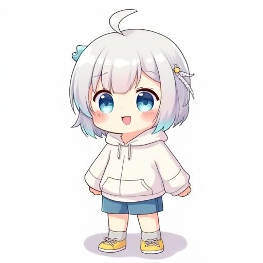 Chibi character with white hair and sky blue eyes. Short hair with sky blue tips and ribbons in braids. Wears a white hoodie and blue shorts. Finishes with short grey socks and yellow sneakers. Smiles with an open mouth. Cute appearance.
