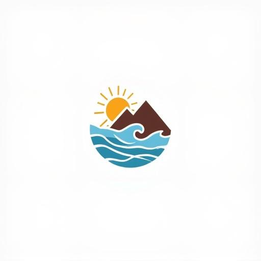 Minimalist logo design with text BahiaBlue in sky blue to brown gradient. Stylized mountain blends into crashing ocean wave. Simplified sun with golden rays above wave. Clean white background for clarity.