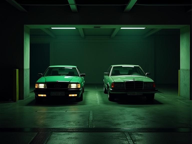Dimly lit garage environment featuring two cars. Dark green 1998 Audi S8 juxtaposed with 1976 Mercedes-Benz 450 SEL in dark reddish-brown. 1998 setting created with Unreal Engine.