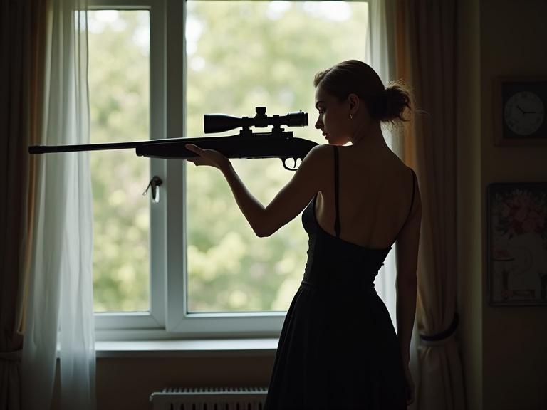 Image depicts a model in a sleek black dress aiming a sniper rifle out of a window. The scene captures a cinematic ambiance with a focus on sophistication and drama.