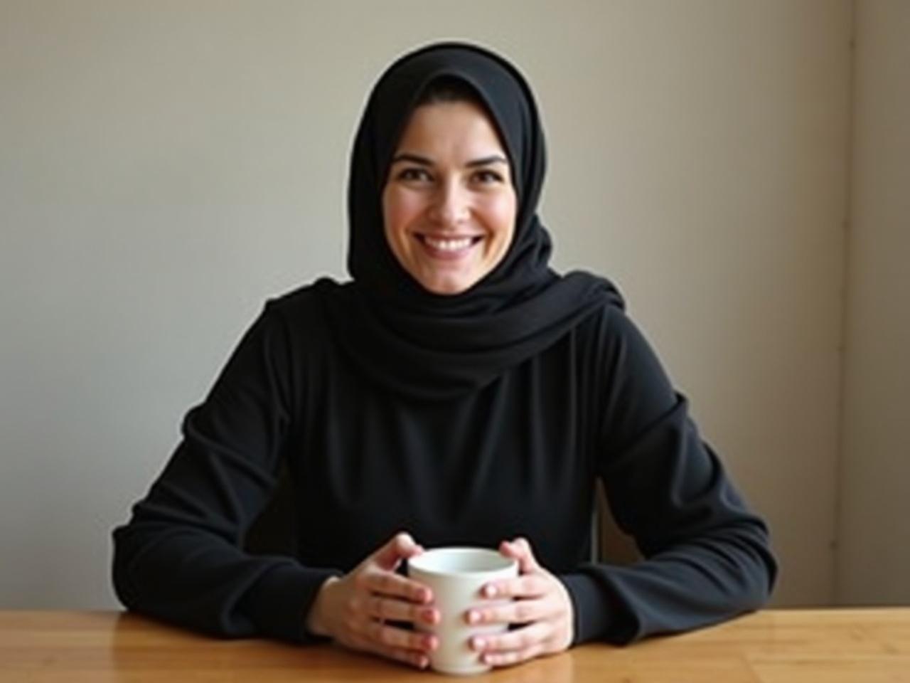 A woman sits at a table, holding a white cup in her hands. She is wearing a black burkha, with her hair covered, while her face is visible and has a warm smile. The setting has a neutral background that creates a calm atmosphere. The table is wooden, adding a touch of warmth to the scene. The woman's posture remains relaxed and inviting, similar to her original appearance. The light in the room gently highlights her features, contributing to an overall peaceful ambiance.