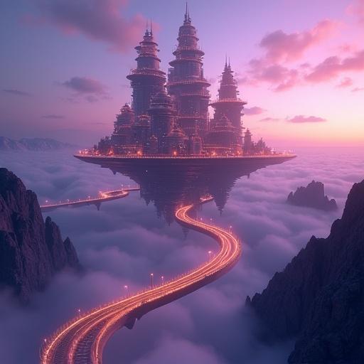 An impossible floating city made of spiral towers with glowing bridges. The city hovers in a purple dusk sky. The scene is whimsical with an ultra wide shot and highly detailed visuals created by HiDream engine.