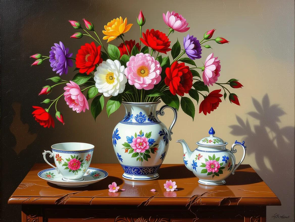Surreal still life with sculptural painting using oil. Extreme impasto technique. Stunning chiaroscuro effects. Dark carved wooden table holds elegant porcelain teapot and a vase styled like khokhloma with flowers. Viscous bubbling flow spills from teapot spout. Flow is abstract liquid chrome explosion. Sharp spikes and polished holographic surface.