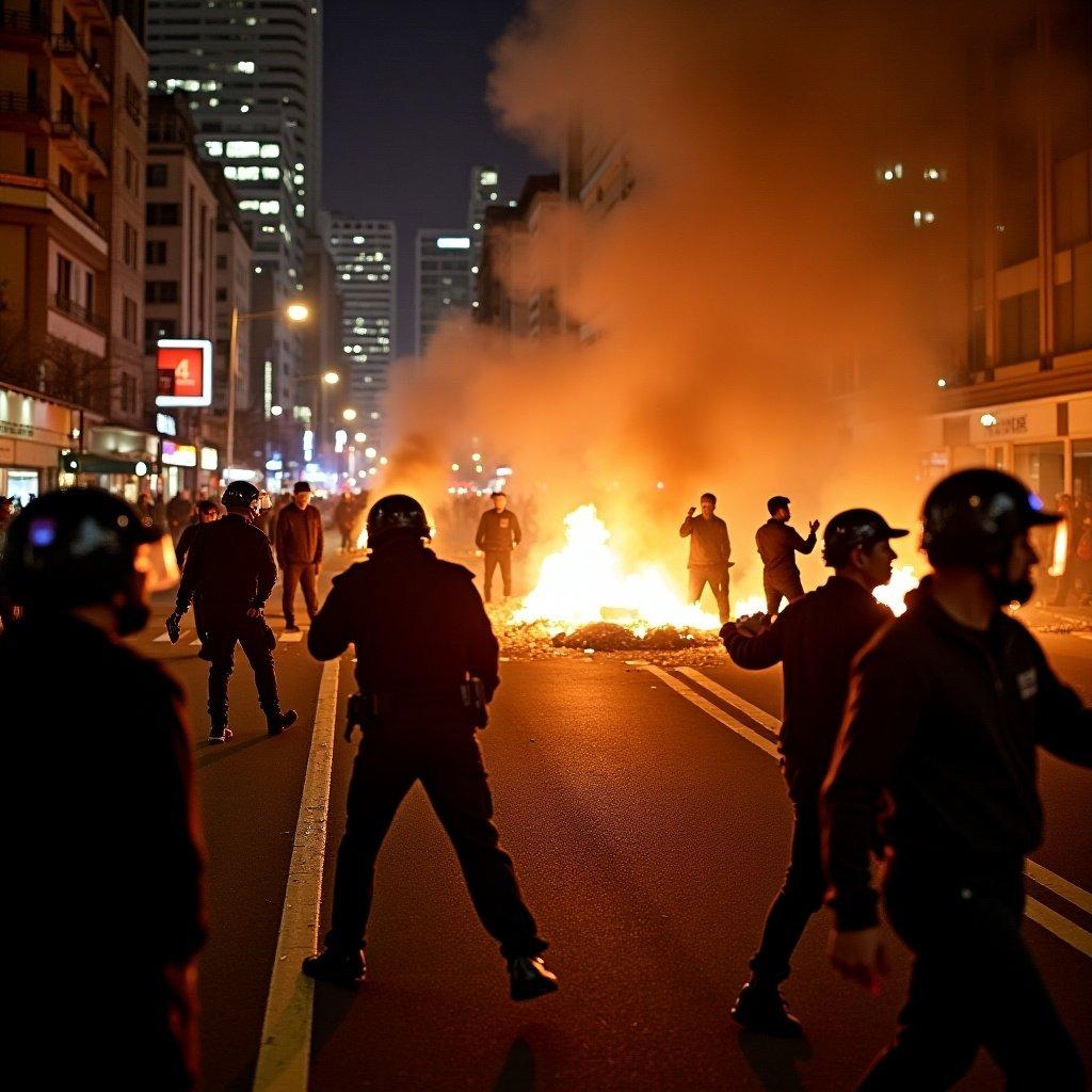 Chaotic street scene showing fiery unrest in Seoul. Barricades are burning. Protesters confront riot police. Smoke clouds fill the night. High-rise buildings provide an urban backdrop. Expressions of anger and defiance are evident.