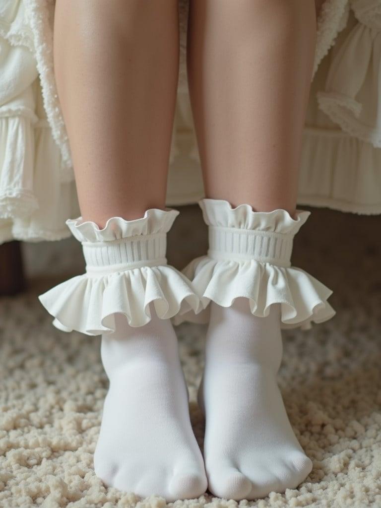 Woman wears white tights with ruffle socks. Soft texture and ruffled design are visible. The legs are positioned comfortably on a plush surface. Light colors create a gentle ambiance.