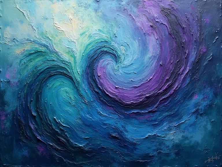 Abstract artwork showcases swirling patterns of blue, purple, and green. The piece conveys a sense of motion and depth with a textured background.