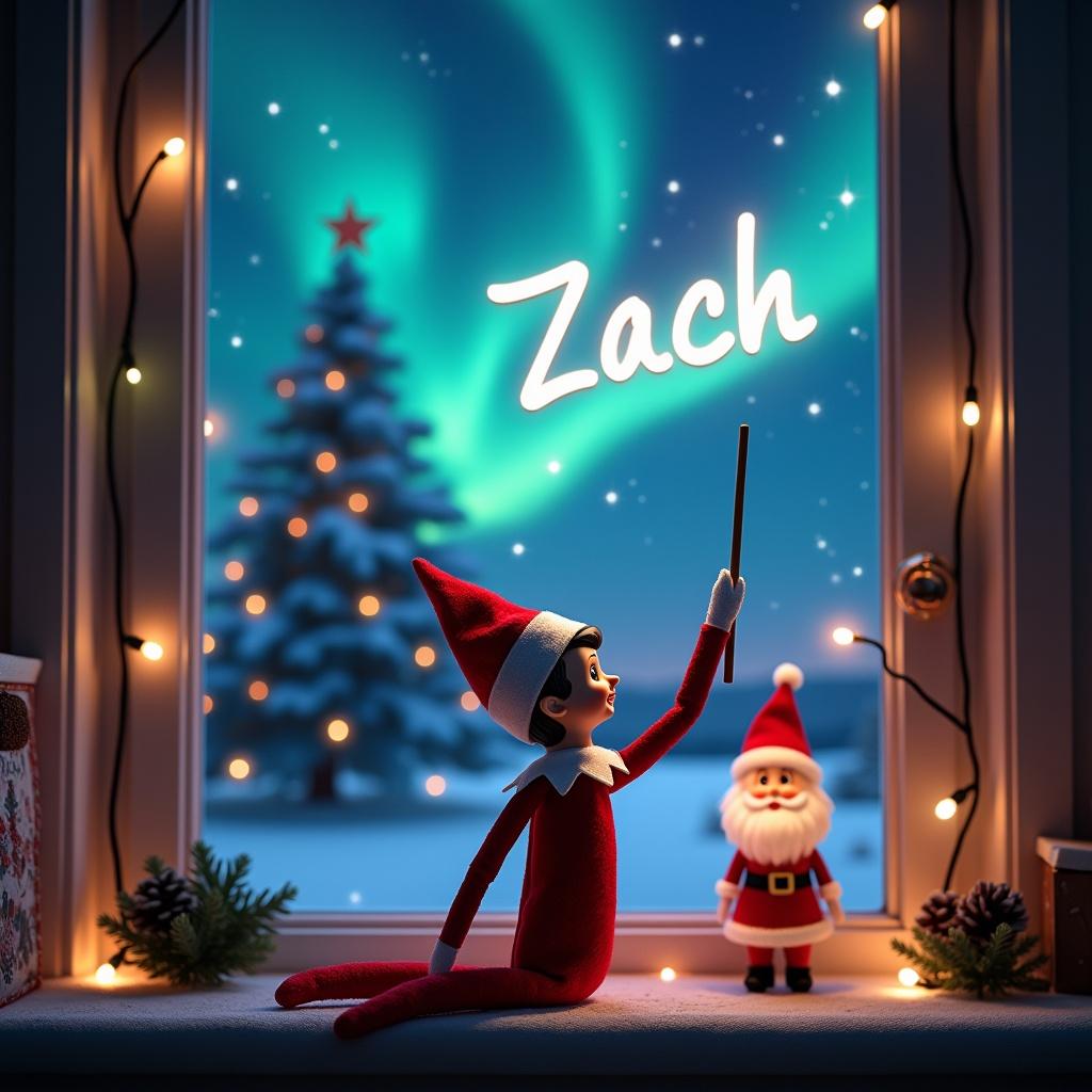 Enchanting scene featuring an elf joyfully writing 'Zach' in the sky. Magical winter landscape with northern lights. Santa Claus nearby. Christmas lights twinkle around the window.