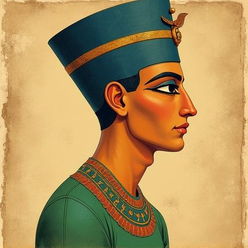 Vintage illustration of a man with Egyptian style. Muted colors dominate the canvas. Pencil drawing technique applied emphasizes Egyptian nose. Background mimics ancient manuscript. Flat colors and textured canvas. Large outlined eyes and elongated profile showcase classic features. Body displays a gradient of green hues.