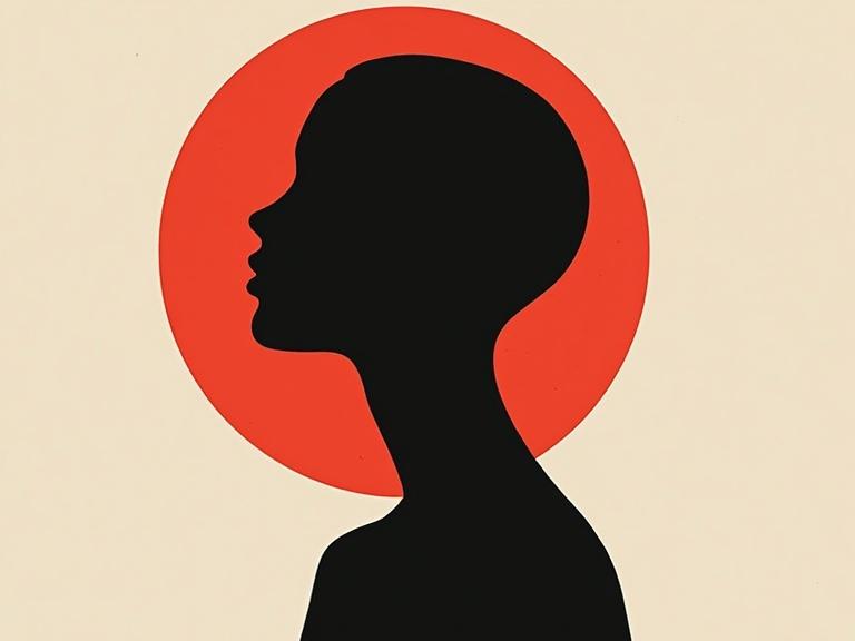 Minimalist abstract illustration featuring a faceless humanoid silhouette against a bold monochrome background with sharp color contrasts. Emphasis on clean negative space creates a surreal and emotive composition.