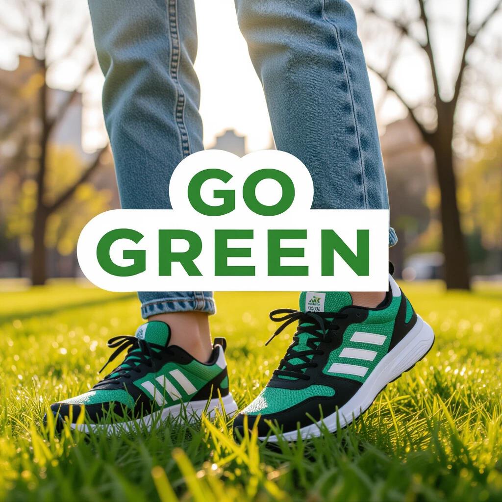 Vibrant advertisement for eco-friendly sneakers in urban park with Go Green as text overlay.