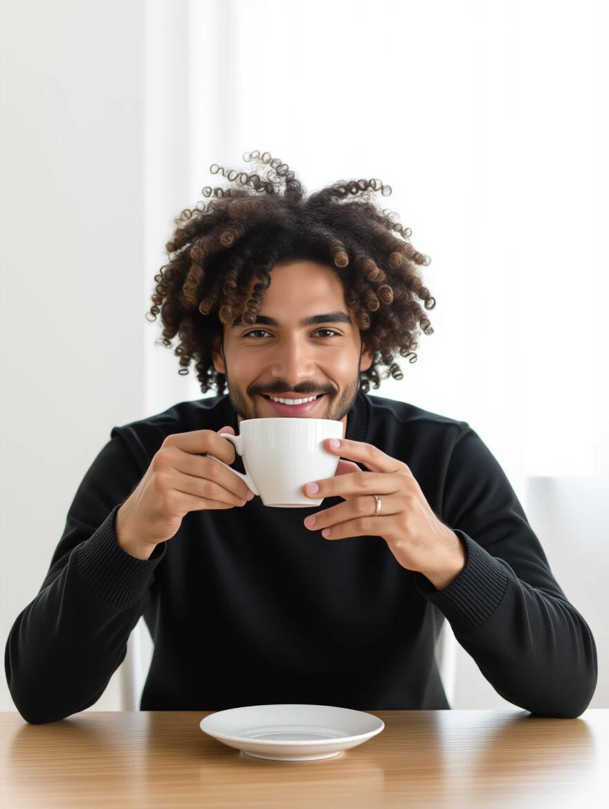 Portrait of a man with beautiful curly hair seated at a table. He holds a white cup of coffee. Soft lighting comes from the window. The atmosphere is calm and inviting.