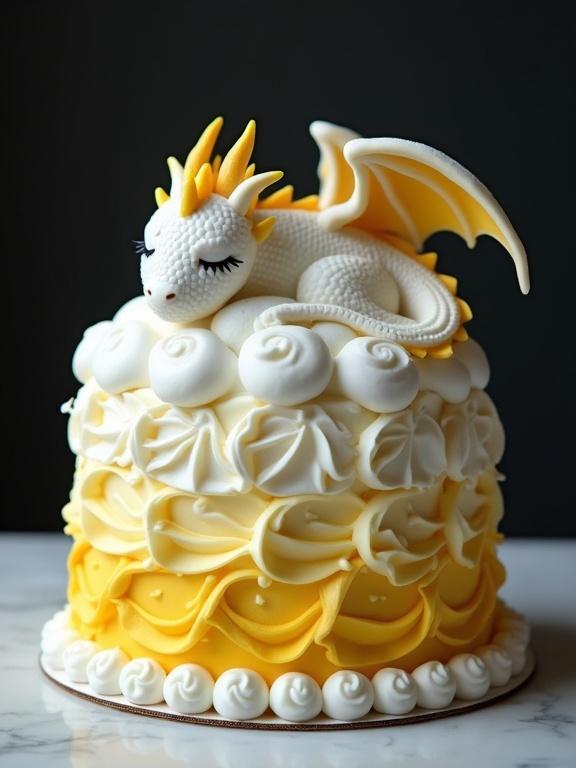Intricate two-tiered cake topped with a sleeping dragon. White frosting swirls resemble clouds and dragon is detailed with scales and wings. Yellow accents on both cake and dragon. Dark gradient background enhances the cake's features.