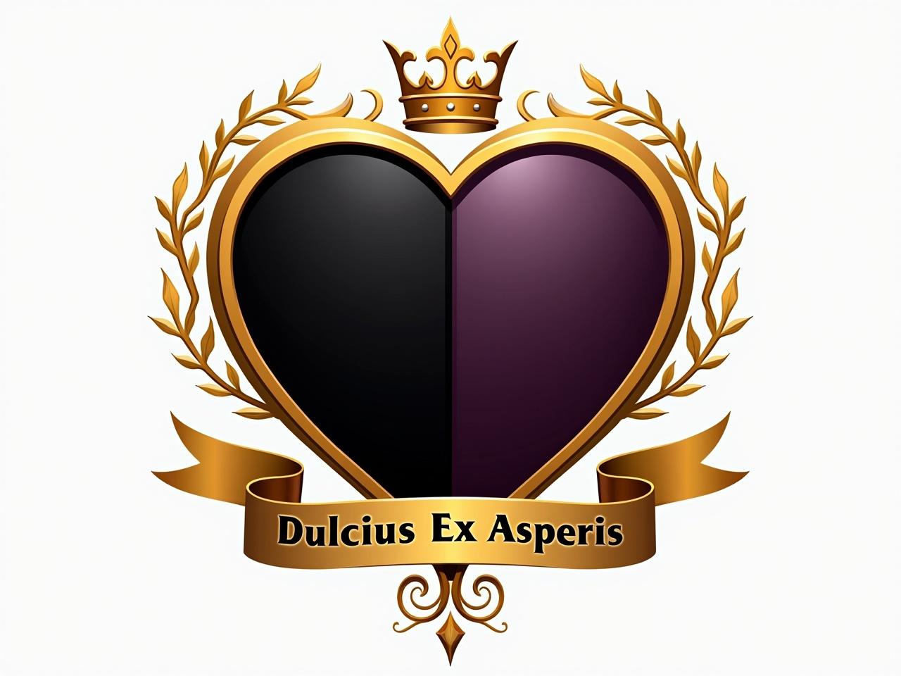 Heart-shaped shield design divided into two sections. The left section features a black charge, while the right section showcases a dark-purple charge. Surrounding the shield are intricate golden vines that enhance its elegance. At the top, there is a golden coronet, symbolizing royalty. Below the shield, a ribbon displays the motto 'Dulcius Ex Asperis', adding a touch of inspiration.