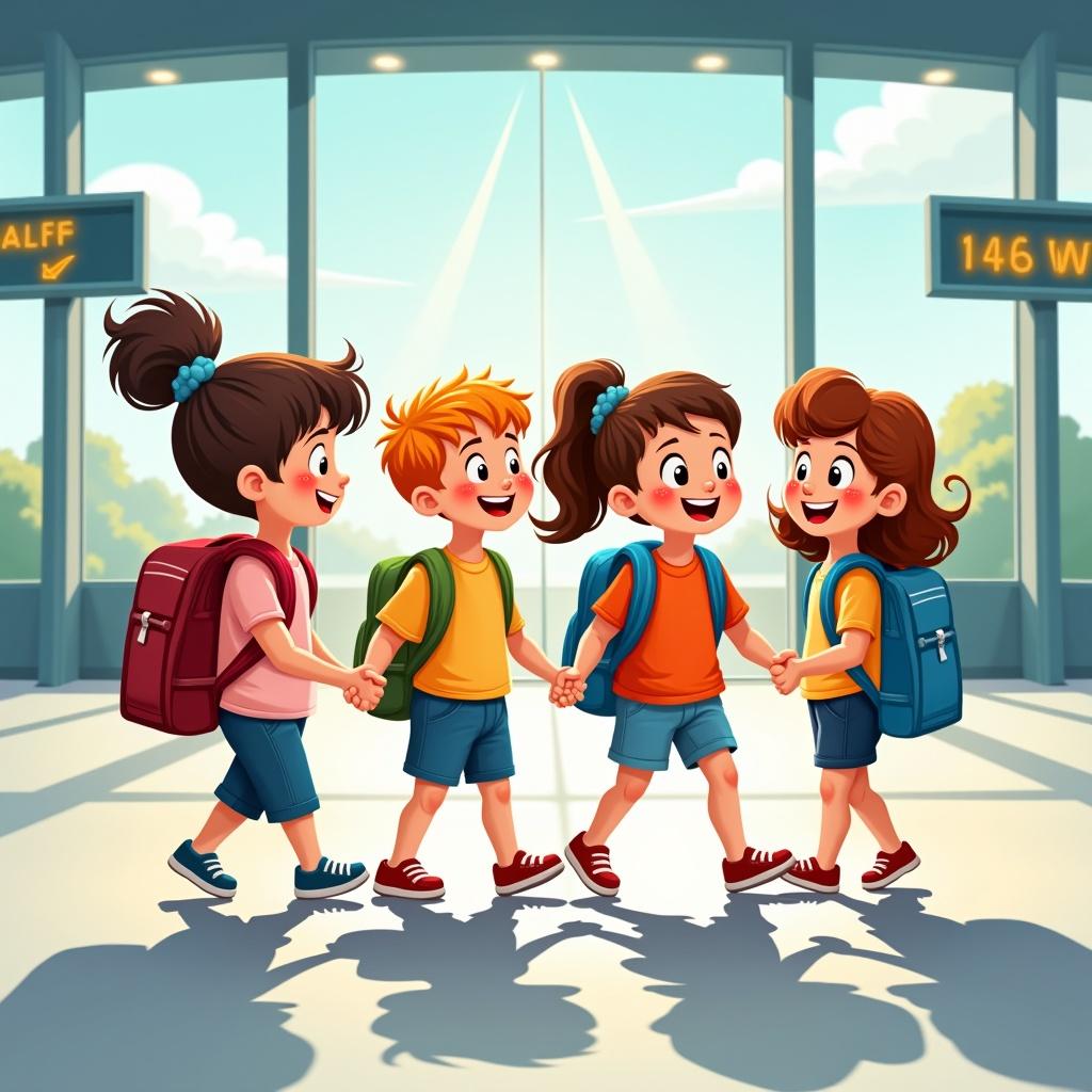 Vibrant illustration of four cheerful children walking together with backpacks. Bright bustling airport terminal in background. Signs indicating flight gates visible. Children animated and colorful, showing excitement and anticipation.