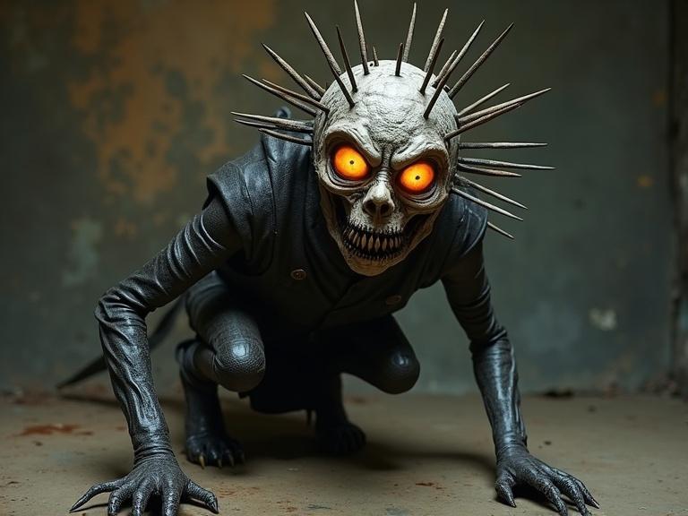 Creepy creature moves on all fours with sharp metal stakes for limbs. The face wears a theatrical mask with glowing amber eye sockets. Nails protrude from the head. The body appears stitched from scraps of leather or fabric held by belts.