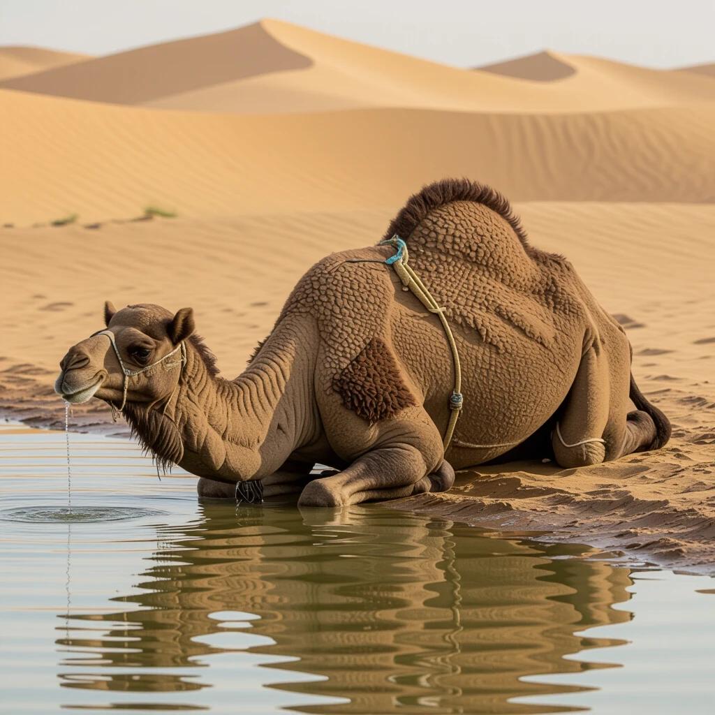 Camel crawling to water. Camel rests beside a pool of water in a desert landscape. Lush sand dunes surround the scene. Camel drinks from the water. Soft warm light highlights the camel's features.