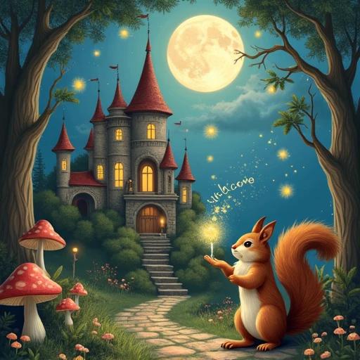 A squirrel magician casts magic near an acorn castle. Acorns turn into singing houses. Mushrooms grow wings. Fireflies spell welcome. The moon wears a sleeping cap. The squirrel is positioned right. The castle dominates the background. Colors are fantasy and gorgeous with flexible lines.
