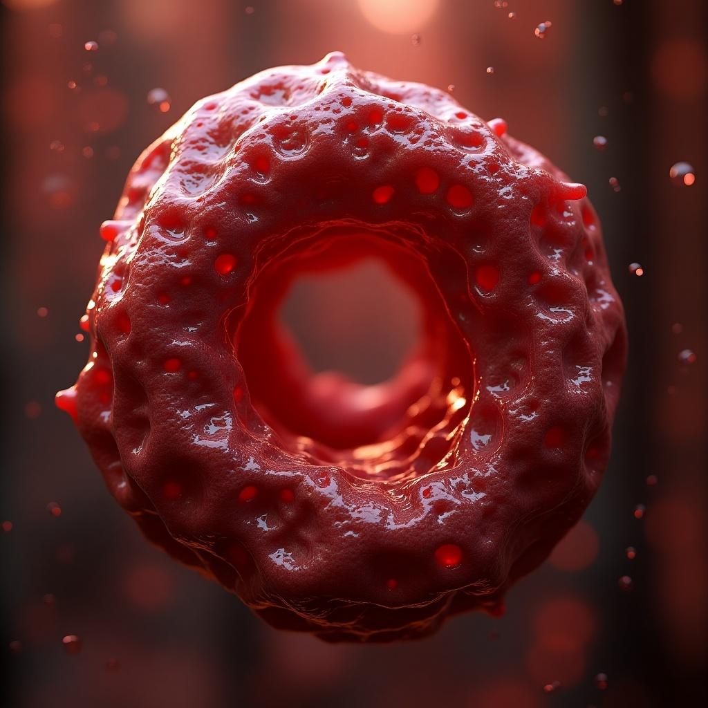 This image is a detailed 3D render of a blood vessel cut away, showcasing its intricate structure. It features a hollow center, emphasizing the flow pathway that blood would take. The vibrant red color symbolizes healthy blood, while the texture highlights the biological intricacies. Soft, warm lighting enhances its three-dimensional appearance, making it visually striking. This artwork could be used in various educational and medical contexts to describe the vascular system.