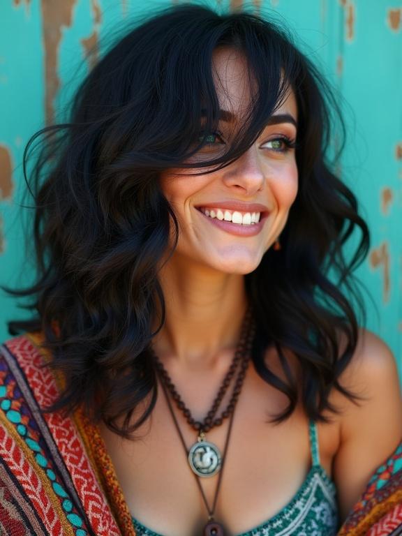 Candid photo of a confident woman tilting her head to the right. Silky wavy black hair draped over one eye with huge bouncy waves. Cloth tank top with colorful Indian shawl. Long beautiful eyelashes. Turquoise eyes with dark eyeshadow. Weathered turquoise wall background. Full plump lips in a confident grin. Small leather necklace with silver pendant.