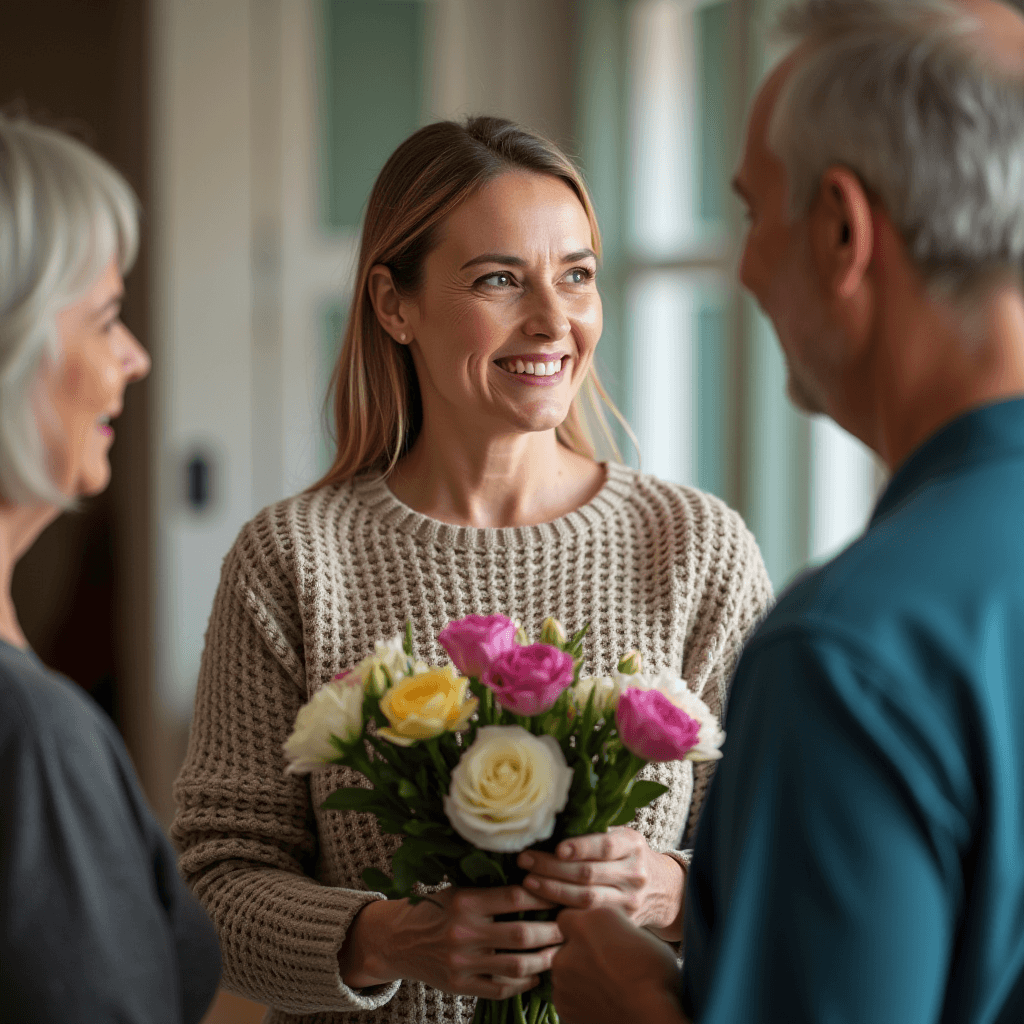 A smiling woman holding a bouquet of flowers is greeted by two older individuals in a cozy setting.