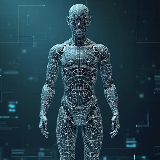Abstract representation of an AI human model designed for hotel management. Thoughts conveyed include technology and hospitality. The image emphasizes modernity and innovation. Lines and nodes create a digital humanoid.