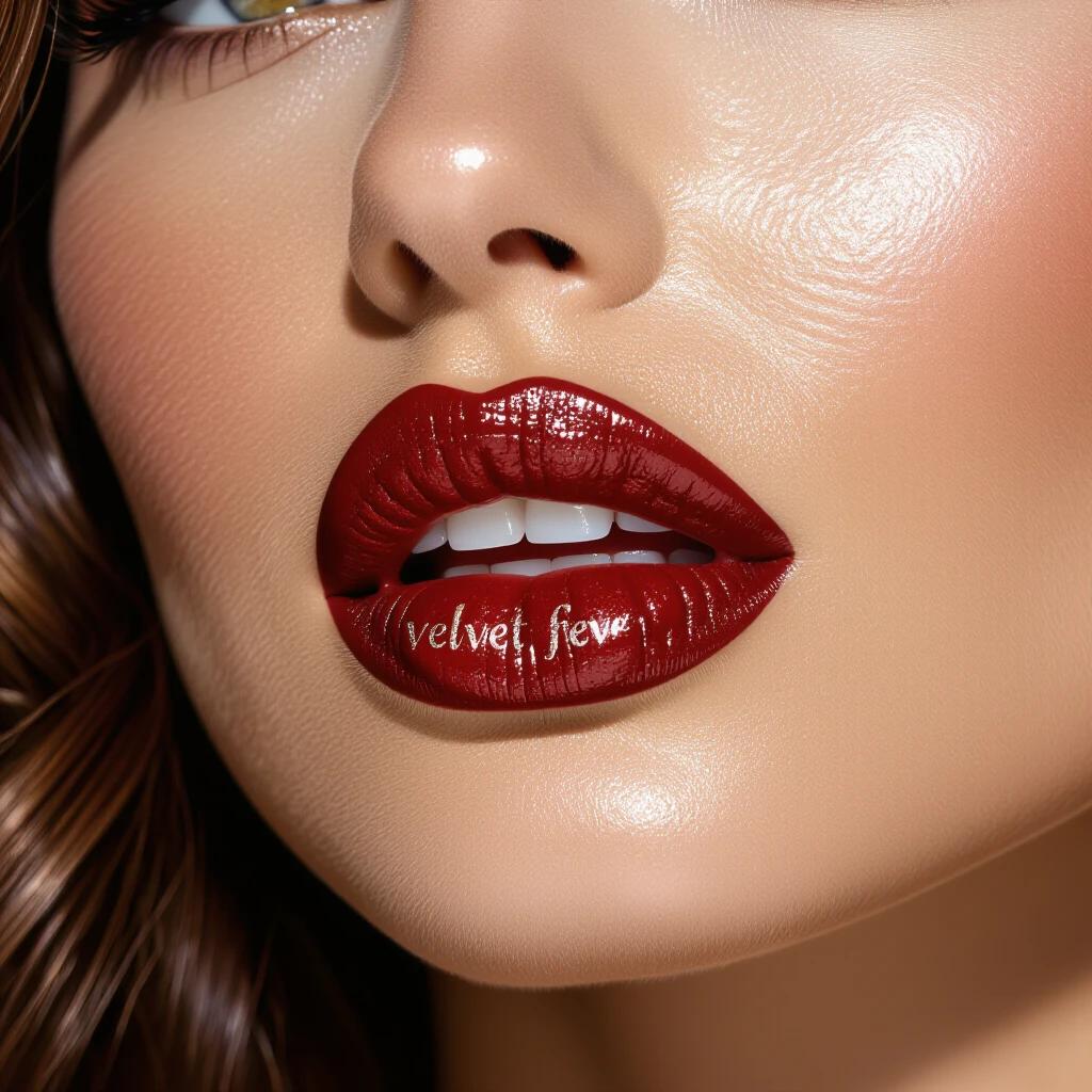 Cinematic zoom on velvety female lips. Upper lip tattooed with words 'velvet fever'. Brown skin tone with defined chin.