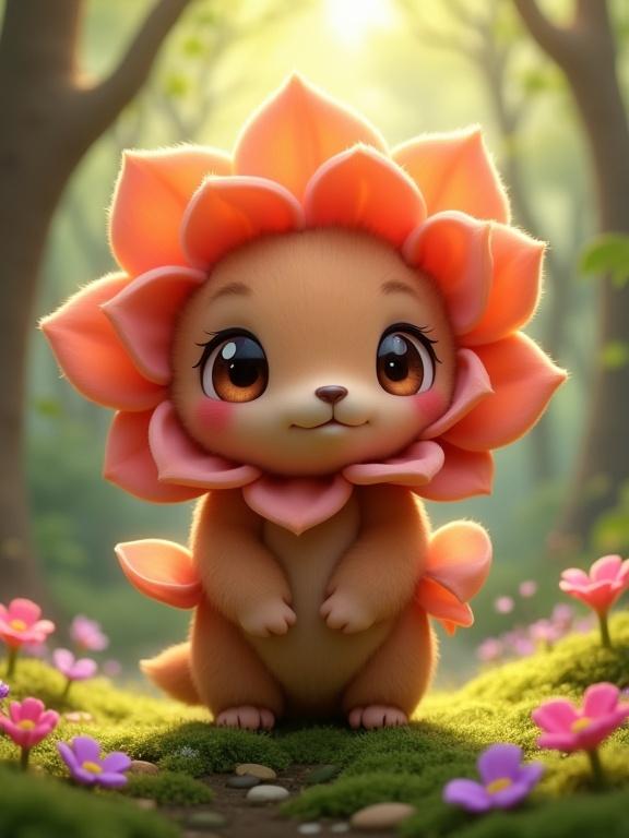 Charming animated creature in a lush forest. Cute character with flower-like features. Round peach-colored face with large brown eyes. Fluffy brown fur and small arms in front. Petals around head are reddish-brown. Magical forest setting with flowers and sunlight.
