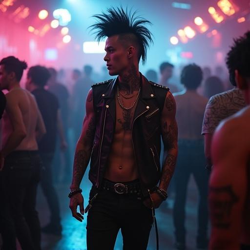 Full body portrait of a punk male in a busy gay nightclub. He has a messy black mullet and black eyes. His skin is tattooed and shiny. Wearing a sleeveless leather jacket, cropped top, tight jeans, and combat boots. Swirling fog surrounds him. He has a smirk on his face.