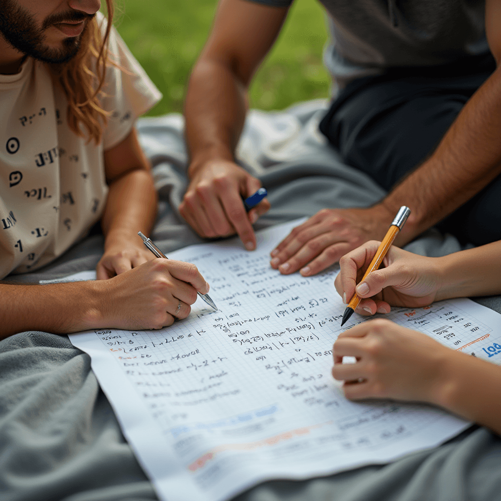 A group of people collaboratively working on mathematical problems outdoors.