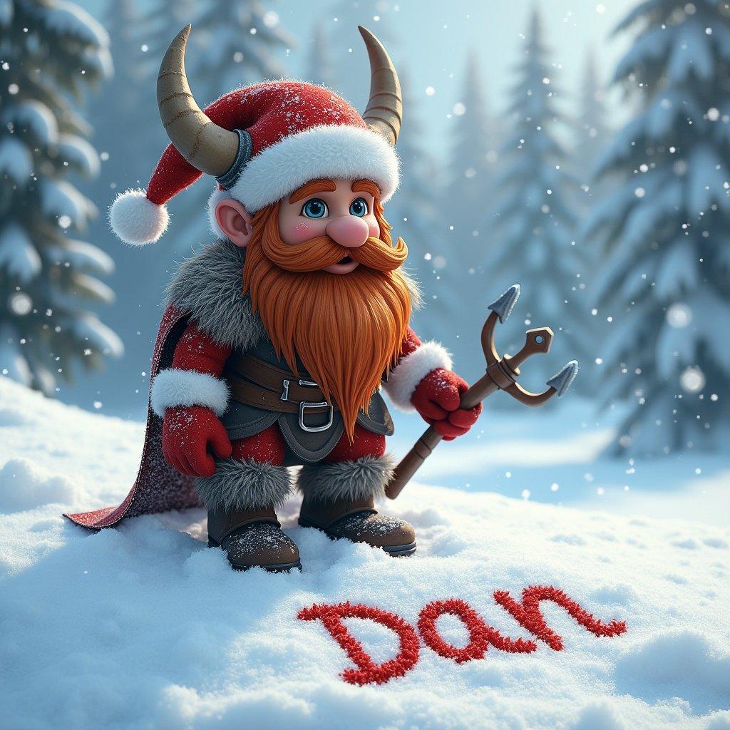 Viking wearing Santa hat stands in snow with a name written in the snow