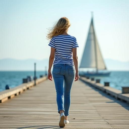 Cinematic image of a model with blond hair wearing blue and white striped t-shirt and jeans. Full body shot of the model walking on a pier towards the camera. Background features a serene sea and a sailboat sailing.