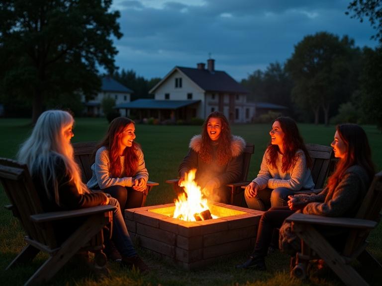 Lively outdoor gathering of young adult women around fire pit. They are seated in rustic chairs in grassy backyard. Deep night sky with soft glow from fire. Women in cozy fall attire engaging in conversation and laughing. Green grass and trees in background with houses partially visible. Welcoming and convivial mood, emphasizing joy of socializing outdoors.