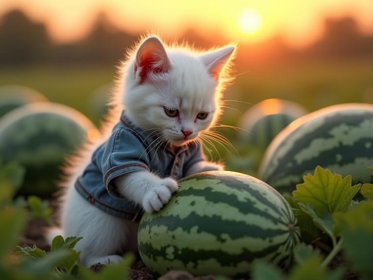 White kitten in a watermelon field during golden hour. Kitten wears a blue shirt. It places a paw on a watermelon. Kitten gazes down thoughtfully. Field has large watermelons. Background shows green crops and trees under sunset. High detail fur texture. Dramatic soft shadows. 8K resolution with HDR and realistic colors.