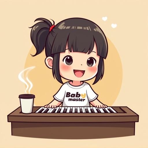Cute girl with half-up half-down hairstyle. Playing piano with a smile. Cup of coffee on the piano. Shirt says 'baby master'. Cartoon style.