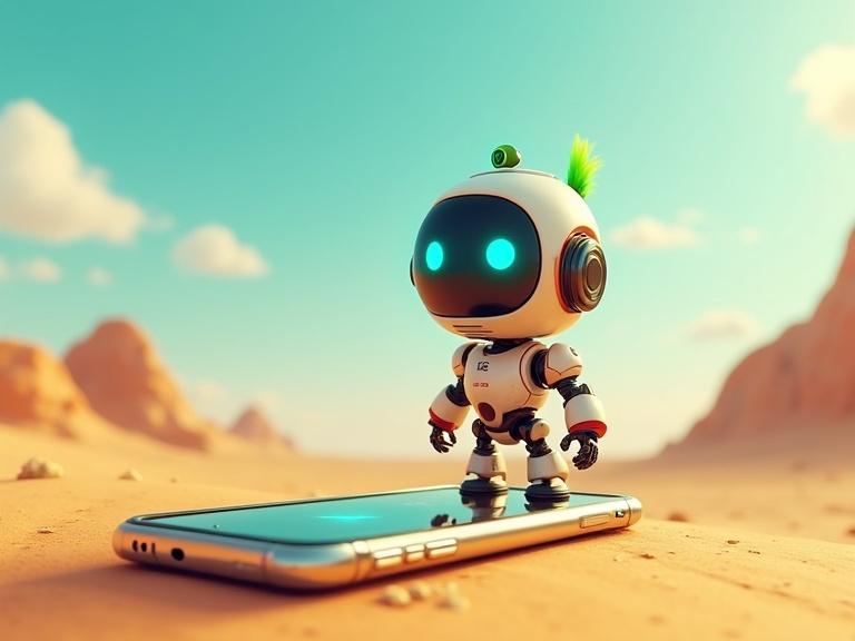 Cute robot with glowing blue eyes and green hair standing on a smartphone screen in a sunny desert landscape